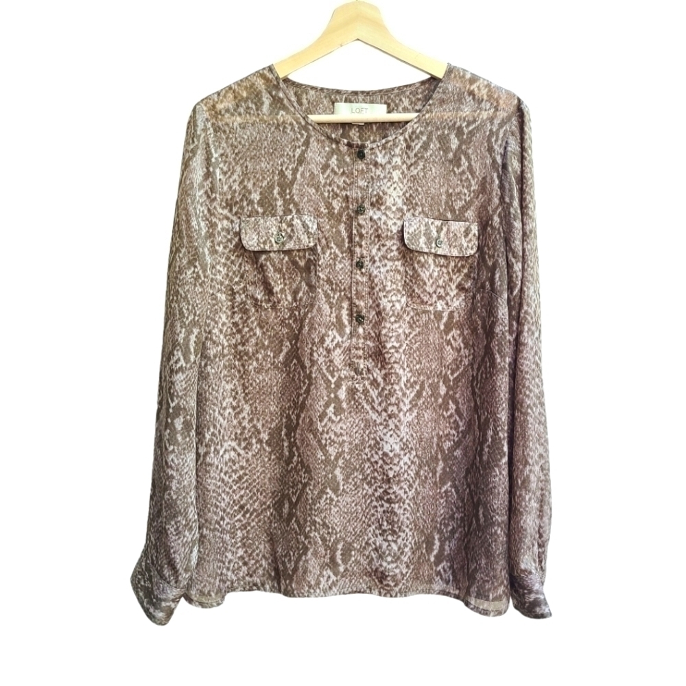 Ann Taylor LOFT | Semi-sheer Snake Print Henley Tunic Blouse, Size Large - Picture 1 of 7